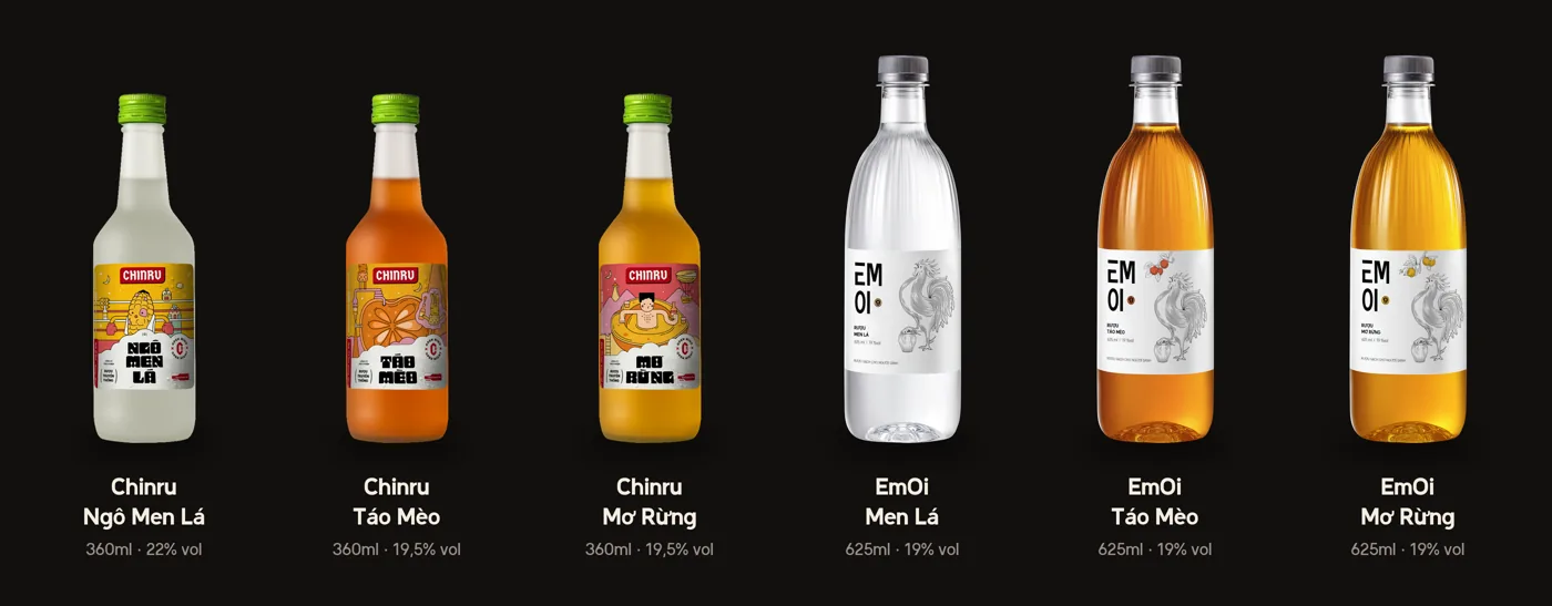 Ba chai Chinru 360ml ngô men lá, táo mèo, mơ rừng 19,5–22 độ và ba chai EmOi 625ml men lá, táo mèo, mơ rừng 19 độ