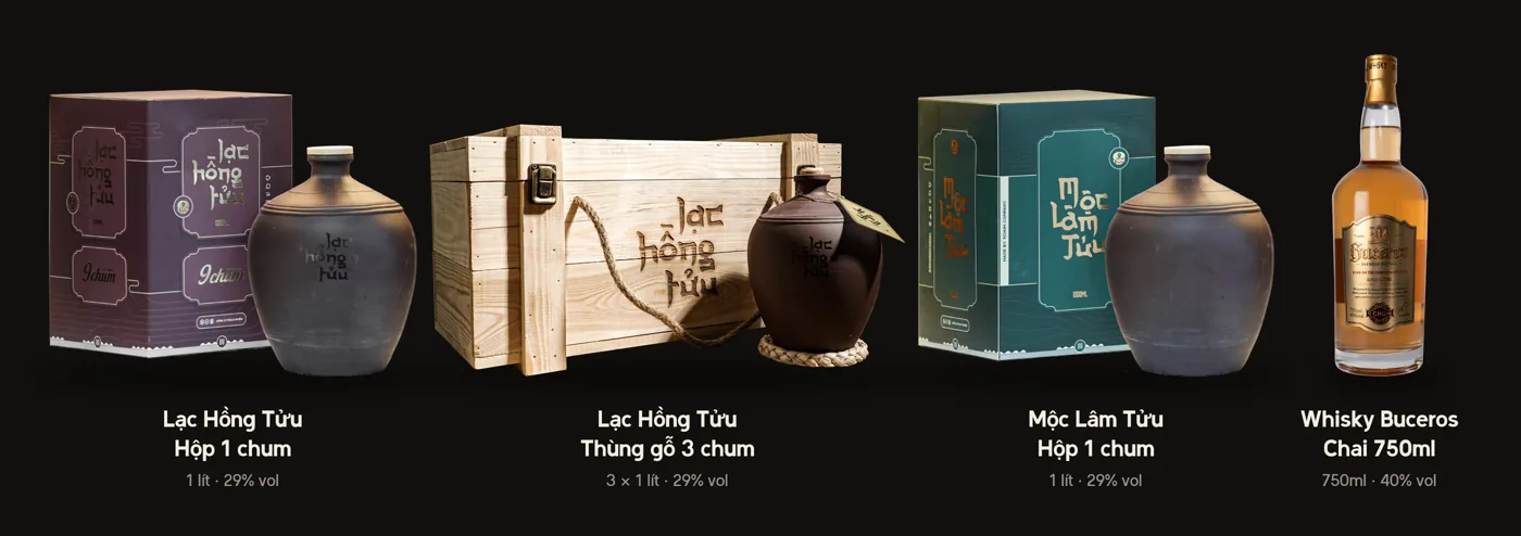 Lạc Hồng Tửu hộp 1 chum và thùng gỗ 3 chum, Mộc Lâm Tửu hộp 1 chum, whisky Buceros chai 750ml