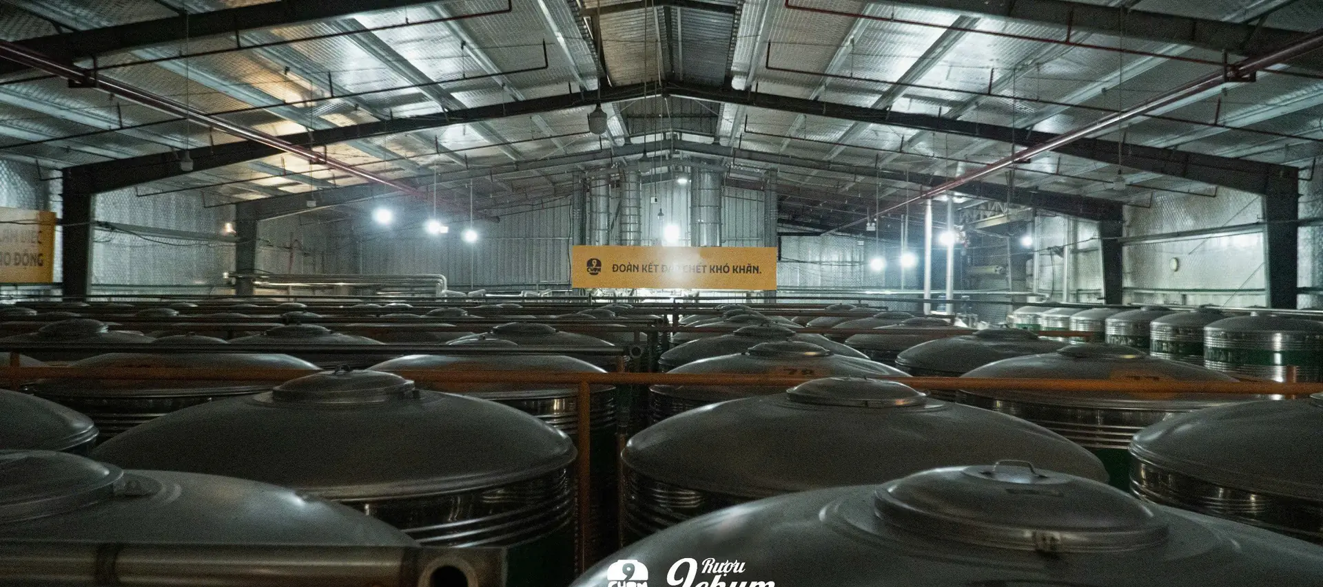 Dàn tank ủ inox xếp kín nhà xưởng 9 Chum, rượu đang nằm chờ đủ tháng